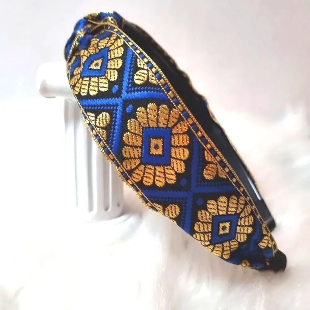 JEWELTONE JACQUARD SATIN FABRIC top knot royal blue gold black headband